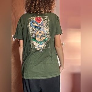 dark green Empyre tee shirt with back graphic design